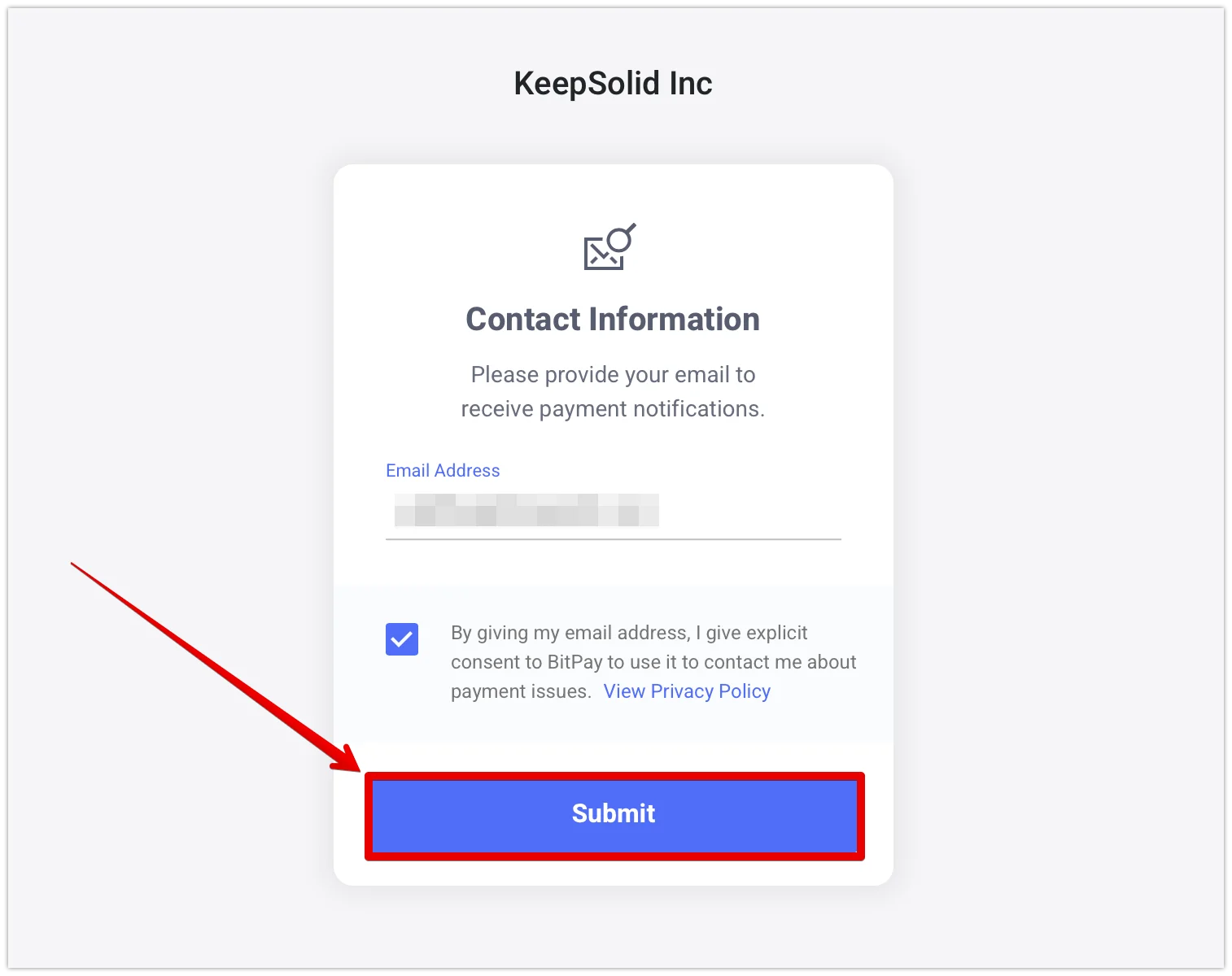 8. Enter your email address to receive notifications about your payment and click Submit.