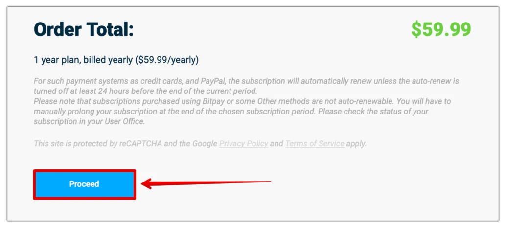9. Click Proceed to confirm your VPN payment with Google Pay.