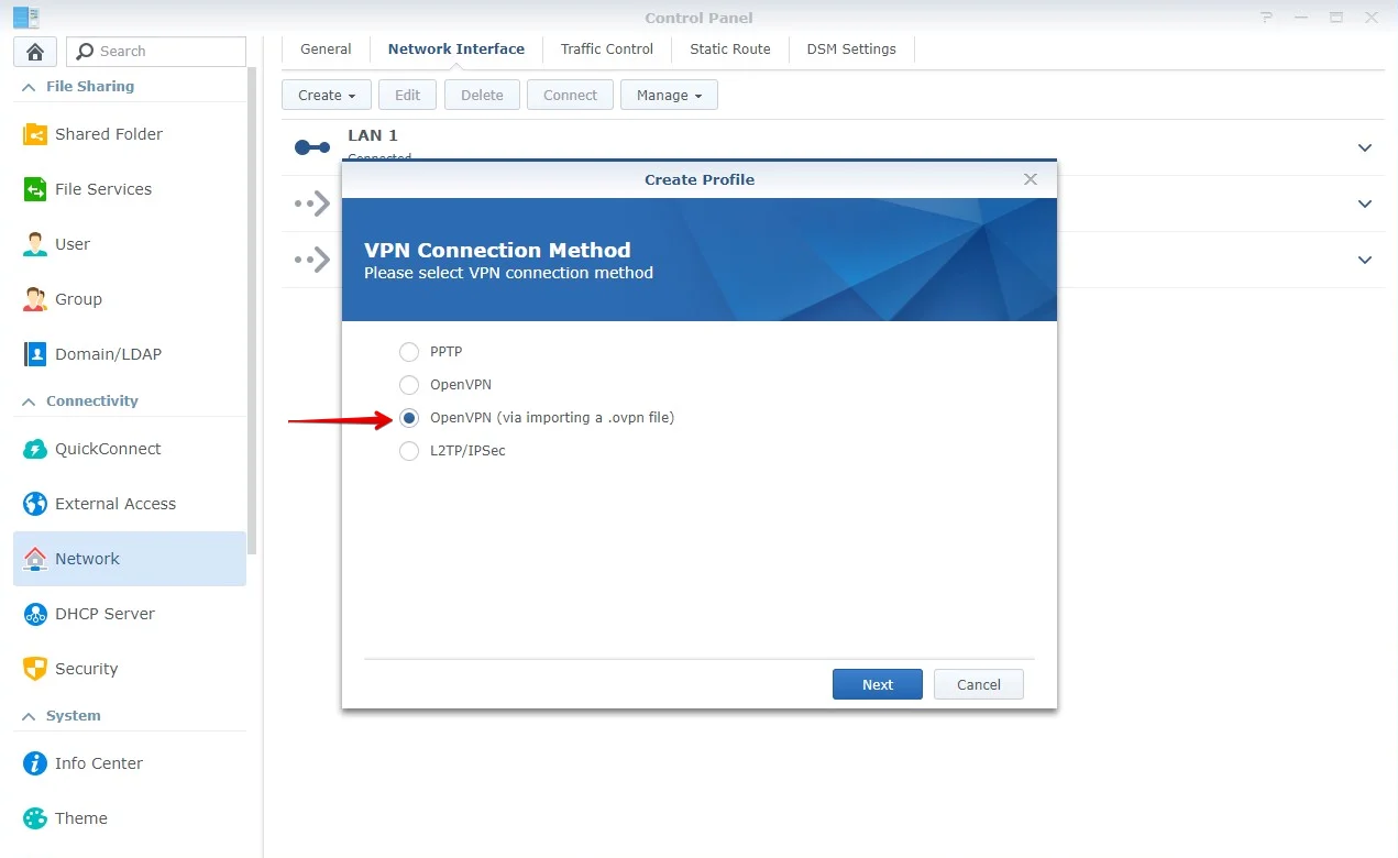 NAS VPN Synology - choosing VPN connection method > OpenVPN