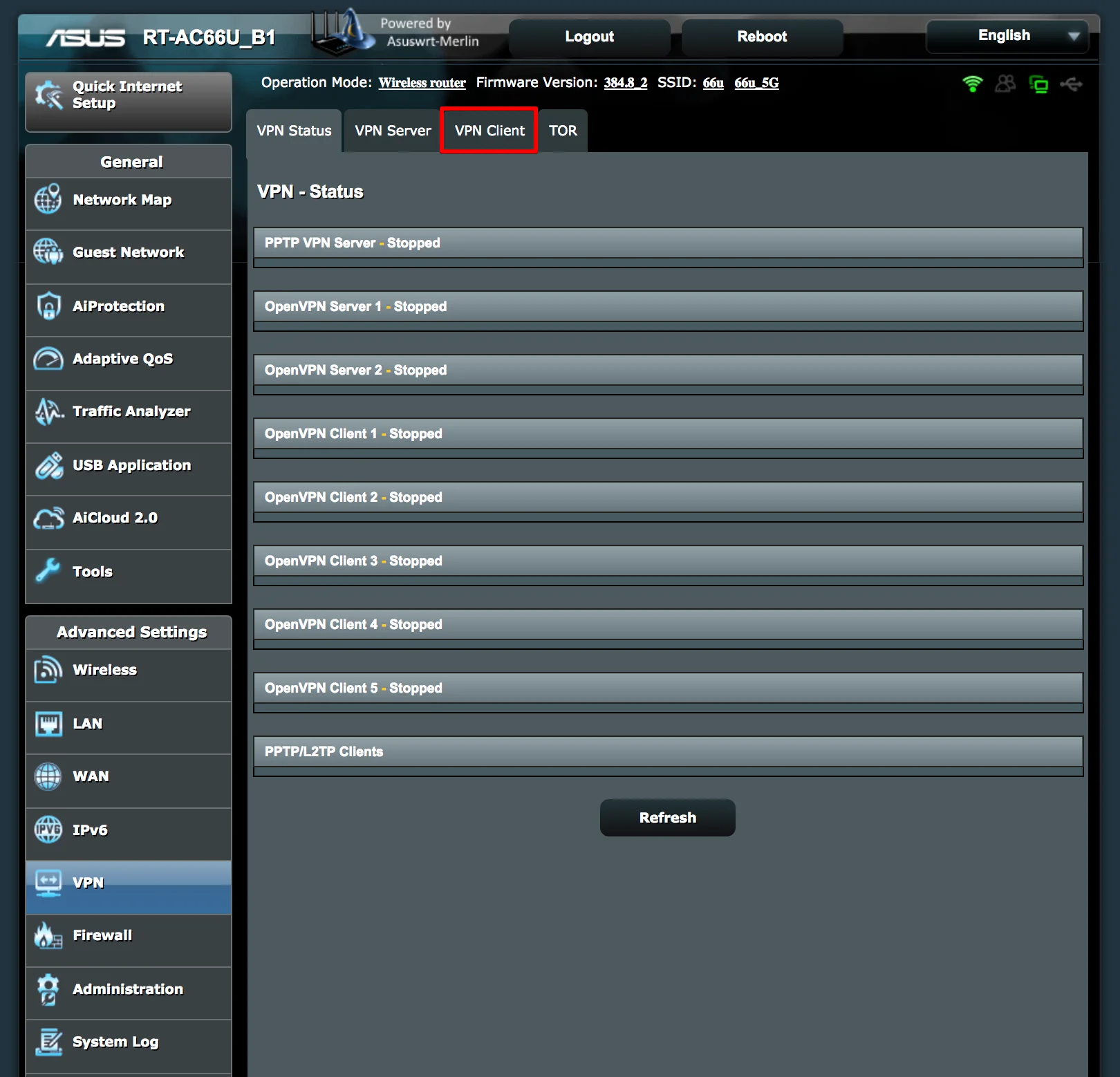 How to setup VPN on Asuswrt-Merlin: VPN Client tab via Advanced Settings