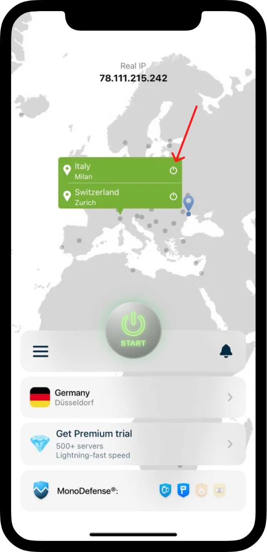 You also can connect to a VPN server by selecting it on the map and tapping on the power button