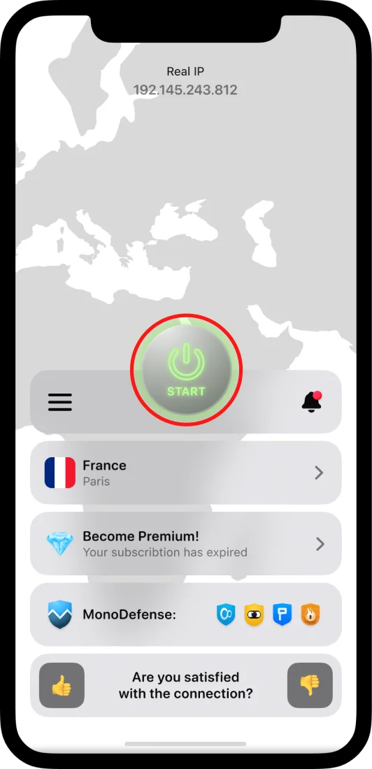 The main screen of KeepSolid VPN Unlimited app for iOS device