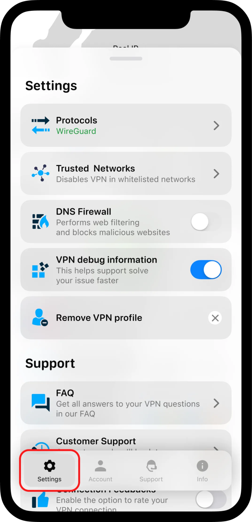 VPN Unlimited Settings screen on iOS device
