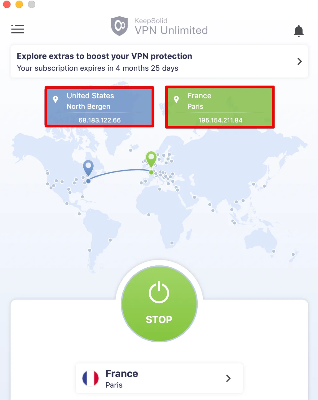 VPN on Mac by KeepSolid - Real and Virtual IP on main screen
