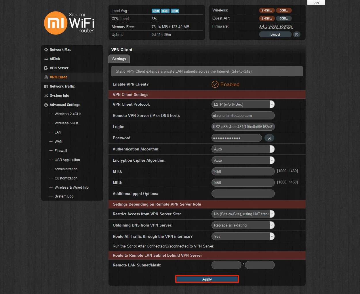 Applying L2TP settings on Xiaomi router with Padavan firmware