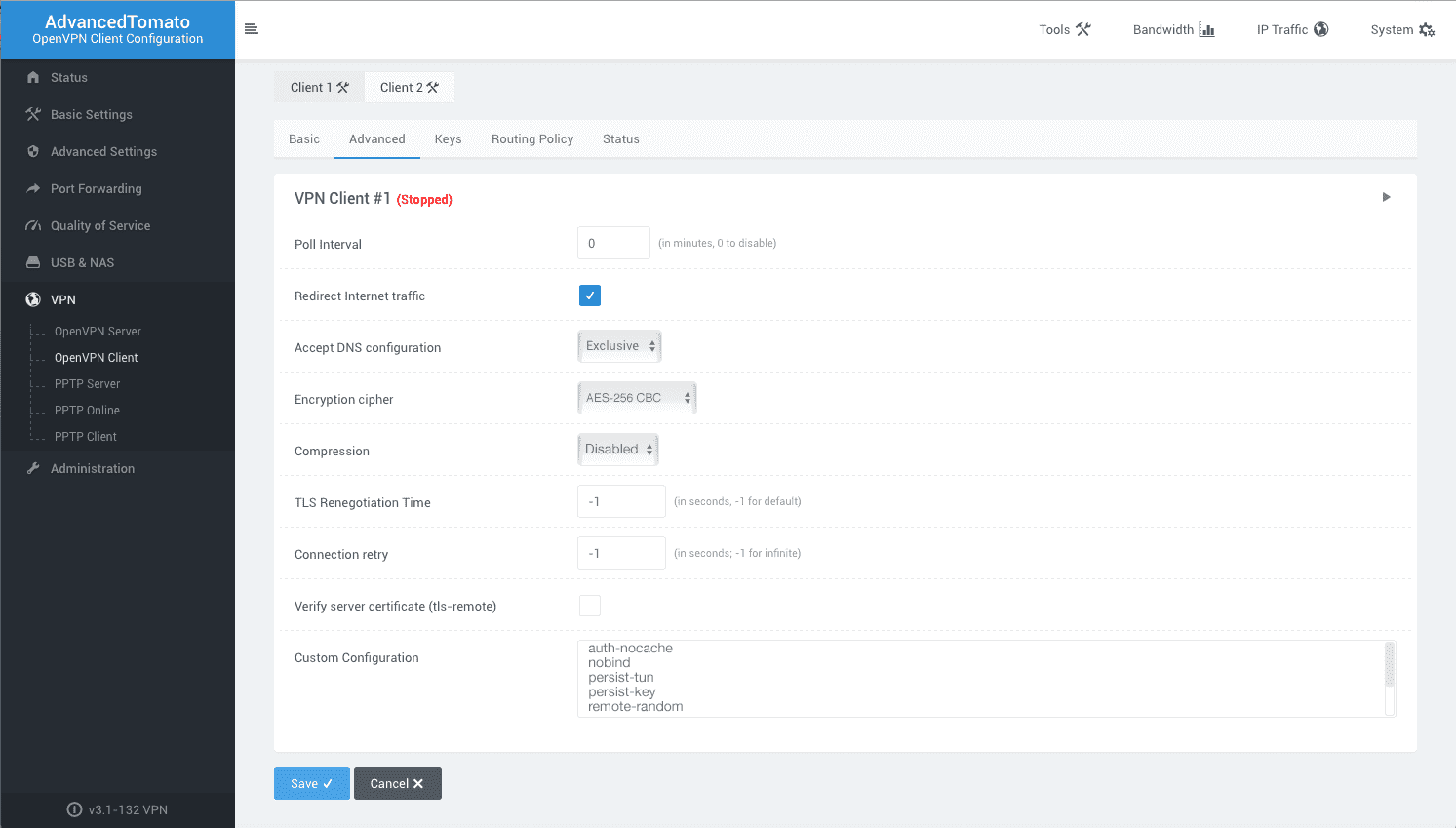 OpenVPN client configuration for Tomato router. Settings 2