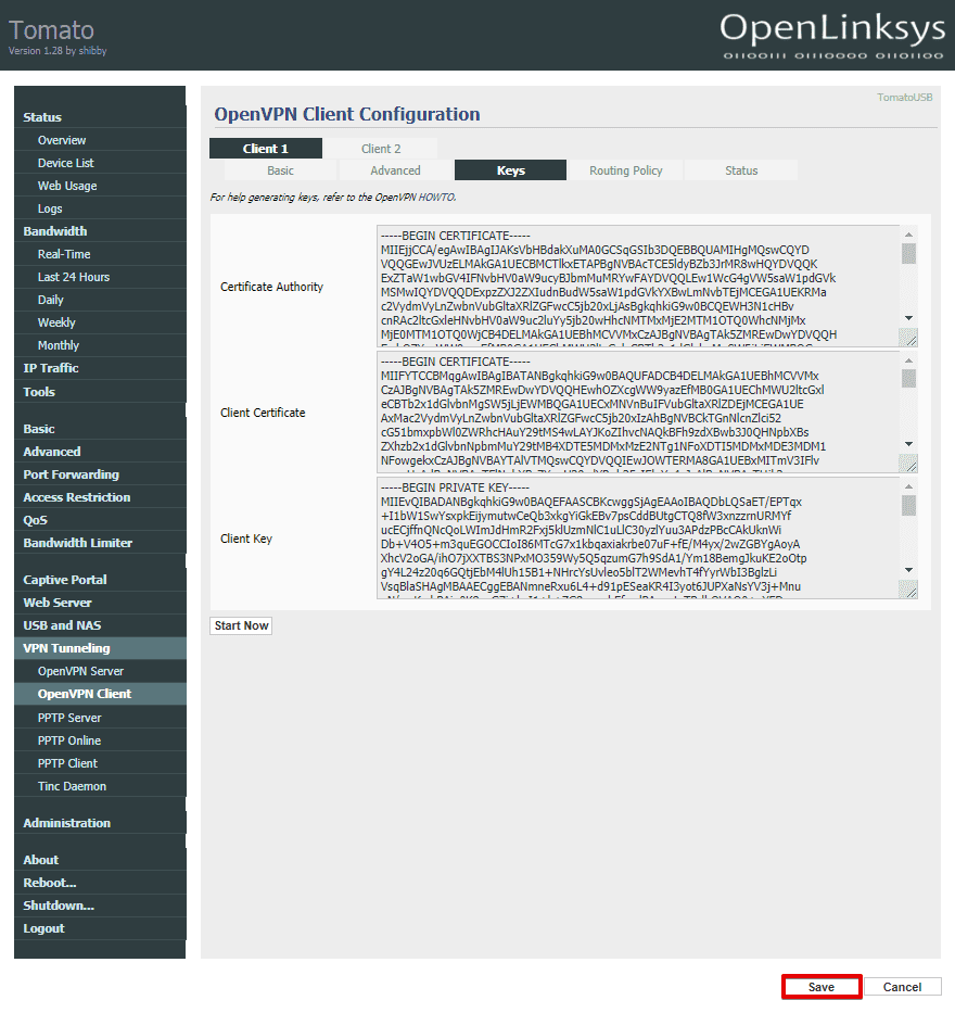 Set up VPN router - save settings