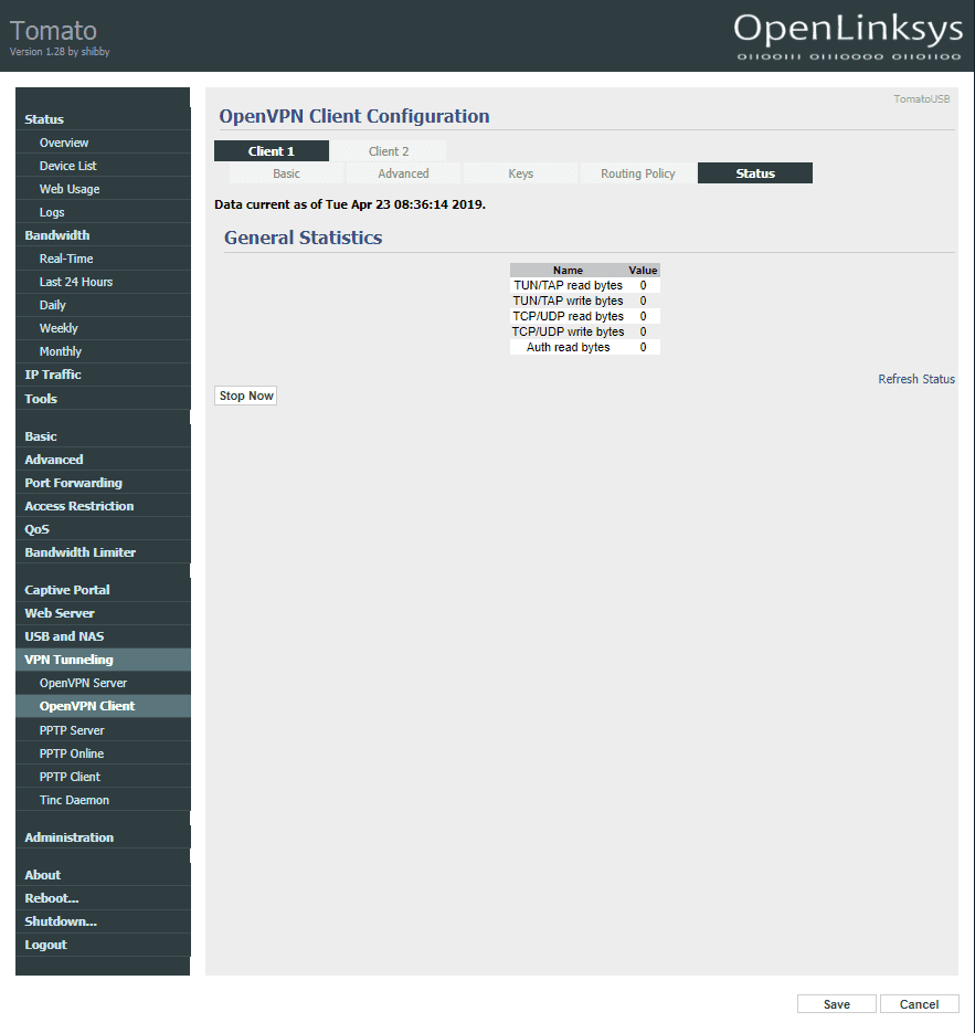 VPN router - OpenVPN client setup on Asus Tomato router > status tab