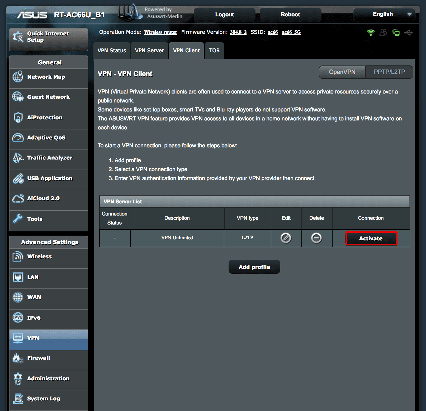 Activate L2TP connection and setup VPN on Asuswrt-Merlin router