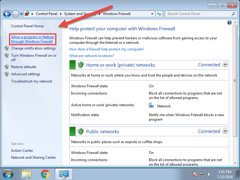 How to install VPN App on Windows 7 - Choose Allow a program or feature through Windows Firewall
